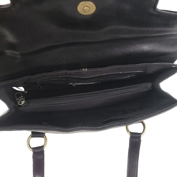 Bass Handbag Purse Black Leather Compartments Magnetic Closure Double Handles - Picture 4 of 7